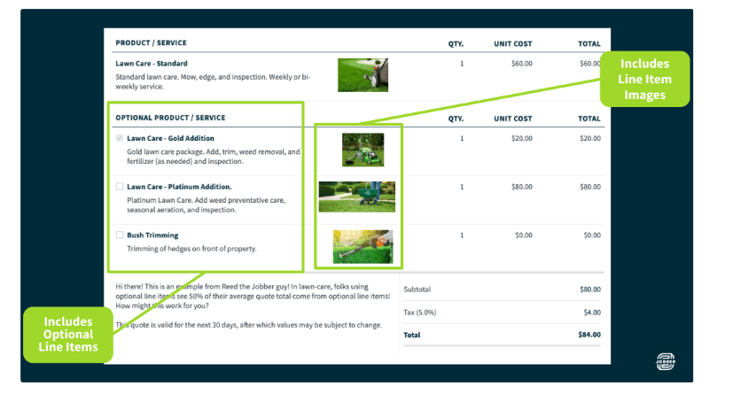 image of optional line items on lawn care quote